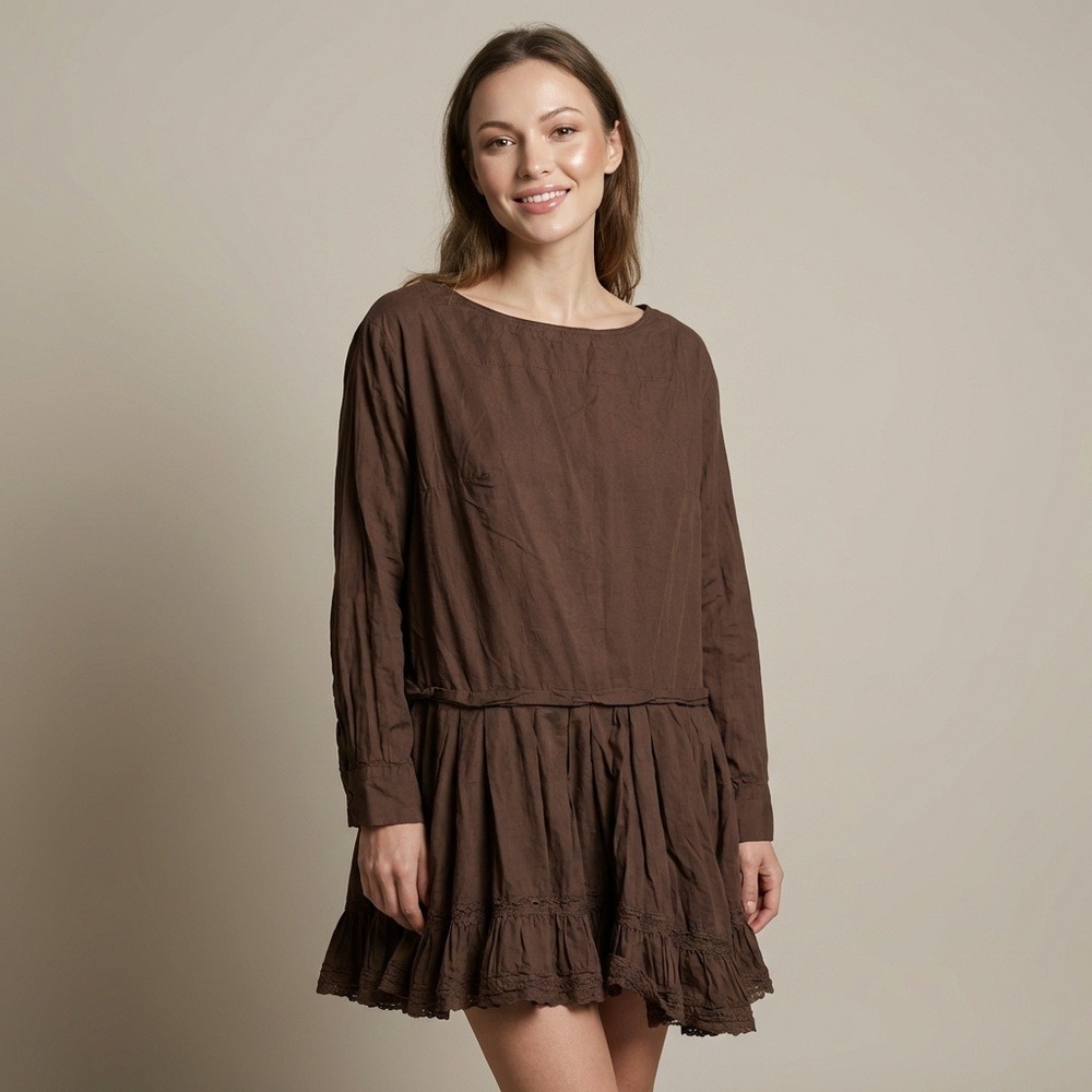 Free People Free-est Brown Cotton Ruffle Lace Mini Dress Tunic ‎ Womens L
